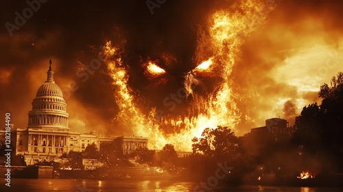 A fiery, demonic face emerges from the smoke above the burning U.S. Capitol, symbolizing chaos, destruction, and political turmoil in a dystopian landscape.
