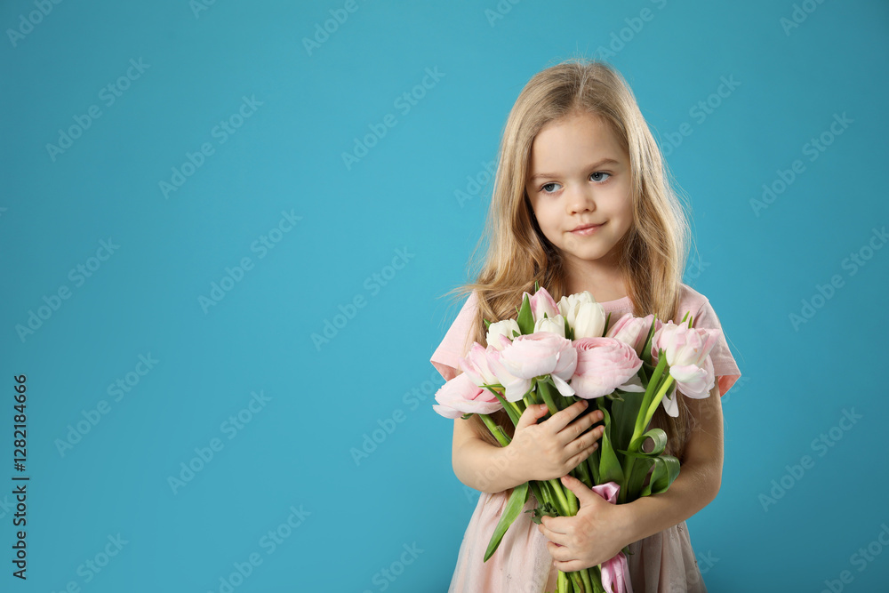 Cute little girl with bouquet of beautiful spring flowers on light blue background, space for text Cute little girl with bouquet of beautiful spring flowers on light blue background, space for text