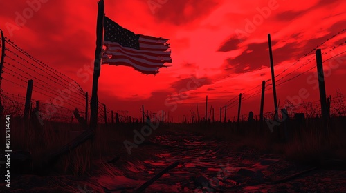 A tattered American flag hangs from a broken post amid a desolate landscape of barbed wire and dirt roads, under a blood-red sky, symbolizing conflict and turmoil.
