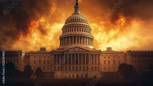 The U.S. Capitol stands against a fiery sky, engulfed in flames, symbolizing political turmoil, destruction, and the collapse of government stability.