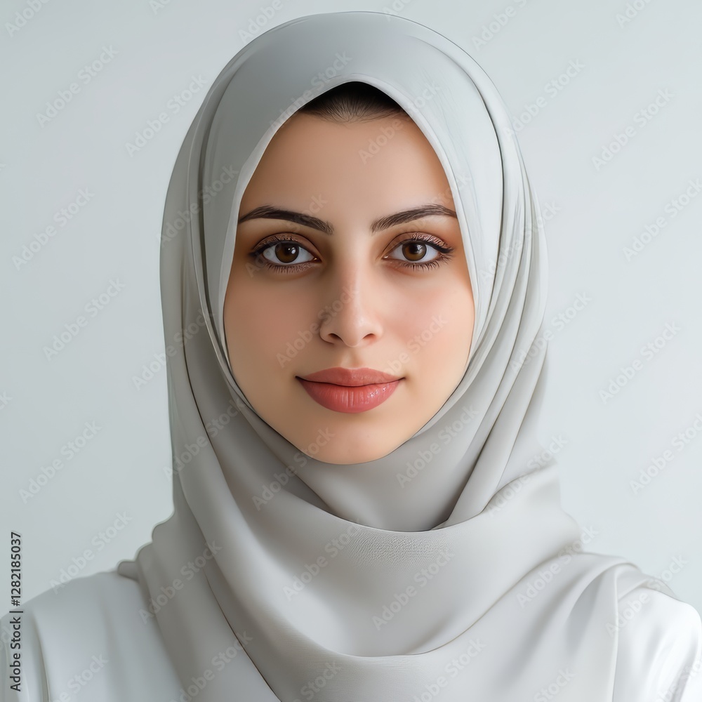 elegant woman in hijab with serene expression against minimalist background, woman light portrait
elegant woman in hijab with serene expression against minimalist background, woman light portrait