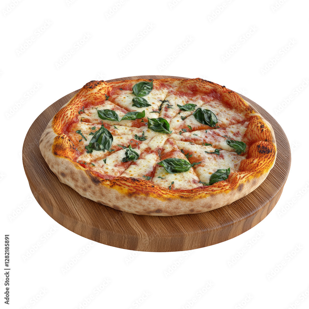 thick margherita on wooden plate, white background thick margherita on wooden plate, white background