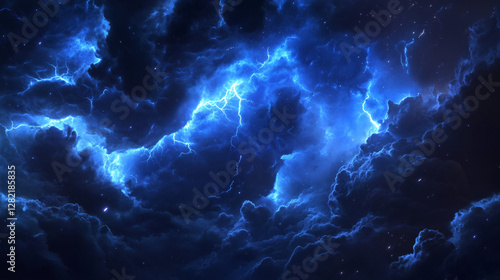 A close-up of a supercell storm with tendrils of electric-blue lightning wrapping around the clouds photo