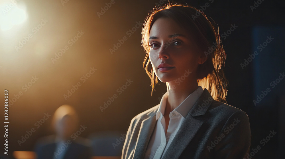 Obraz premium A lovely European woman coach conducts a staff seminar, solicits feedback, answers questions from participants in a corporate workshop, smiles, and enjoys an engaging discussion in the boardroom