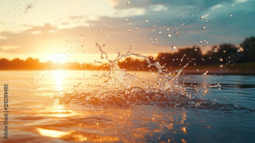Fototapeta Naklejka Na Ścianę i Meble -  Water Splash at Sunset on River