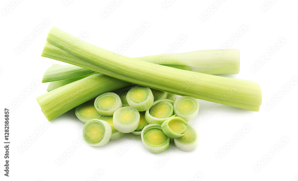 Whole and cut leeks isolated on white Whole and cut leeks isolated on white