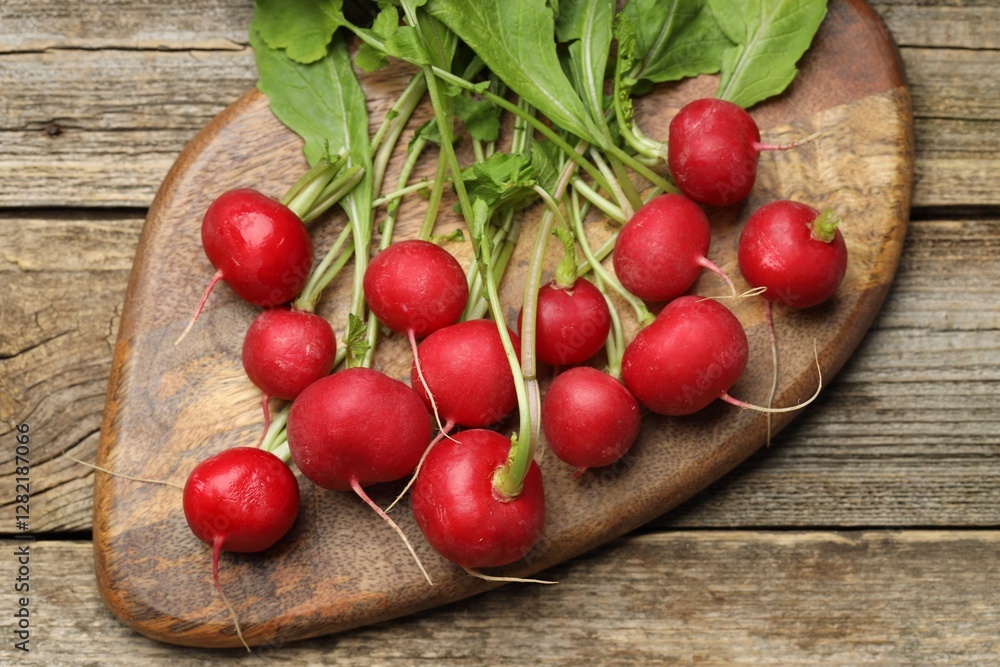 Many fresh radishes on wooden table, top view Many fresh radishes on wooden table, top view