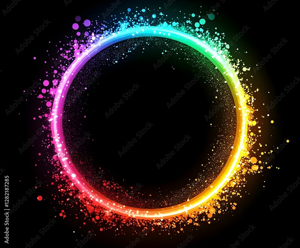 Vibrant circular design with multicolored particles and an empty center against a black background Vibrant circular design with multicolored particles and an empty center against a black background