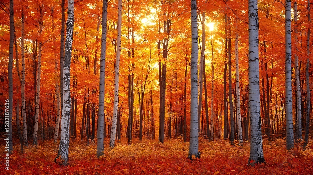 Fototapeta premium A vibrant autumn forest with golden and red leaves glowing in the warm light of sunrise