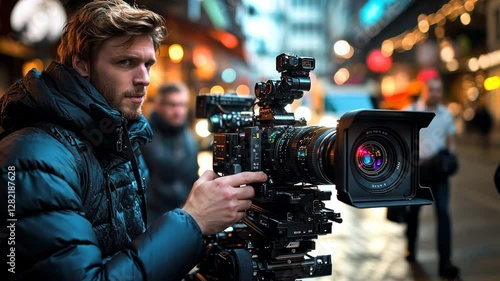 Cinematographer with Professional Camera in City at Night