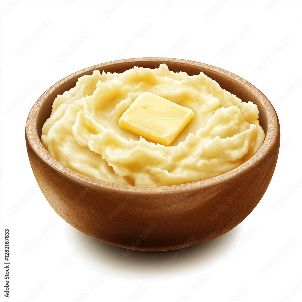 Delicious Creamy Mashed Potatoes with Butter in Wooden Bowl Delicious Creamy Mashed Potatoes with Butter in Wooden Bowl