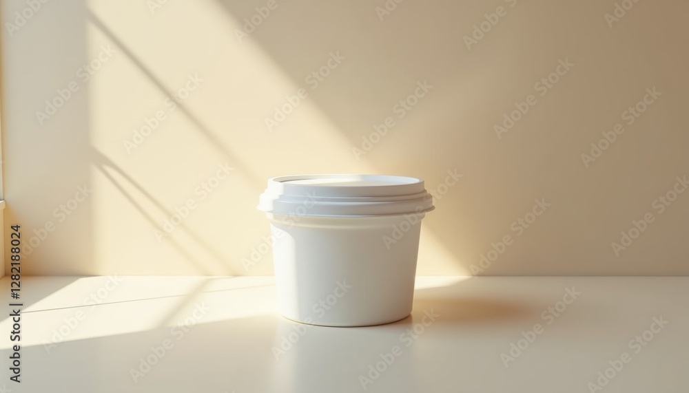 Mockup of a transparent plastic food container, placed on a neutral background with soft reflections and natural lighting, ideal for showcasing product branding with copy space Mockup of a transparent plastic food container, placed on a neutral background with soft reflections and natural lighting, ideal for showcasing product branding with copy space