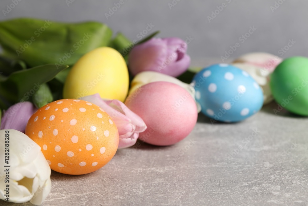 Easter eggs and beautiful tulips on grey table, closeup