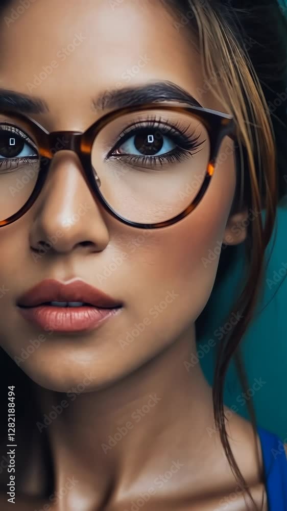 Close-up portrait of a young woman with stylish glasses against a vibrant teal background in a modern indoor setting Close-up portrait of a young woman with stylish glasses against a vibrant teal background in a modern indoor setting
