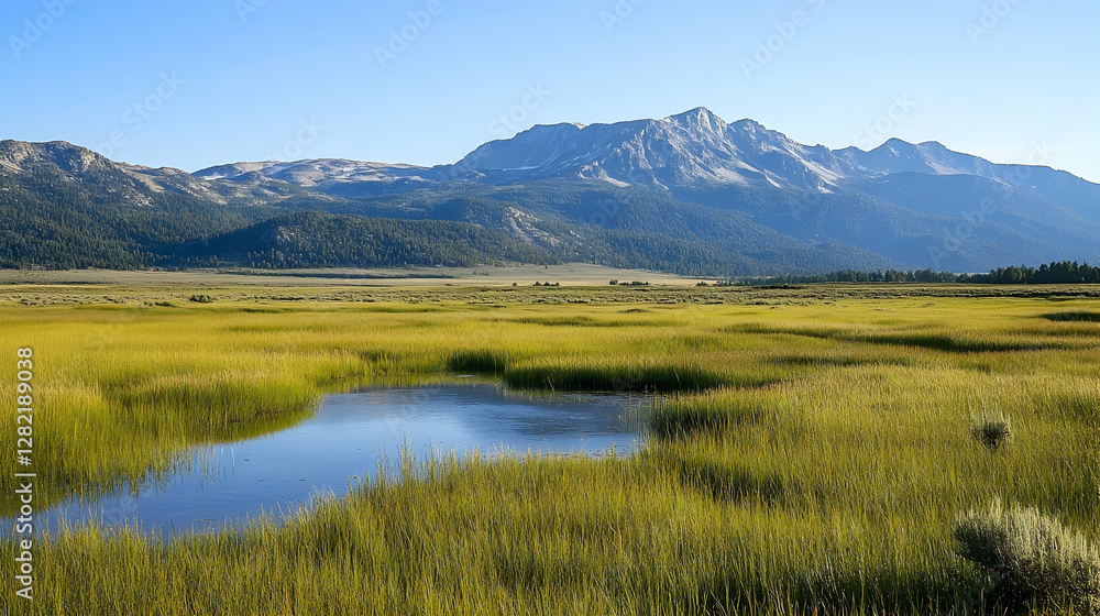 High-altitude grassland ecosystem with mountainous backdrop High-altitude grassland ecosystem with mountainous backdrop