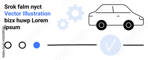 Simplistic car outline, two gears, checkmark in a circle, and text elements. Ideal for technology, approval processes, progress tracking, automotive industries, project management digital solutions