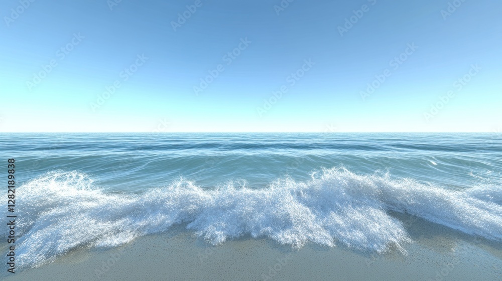 Calm ocean waves on sandy beach, sunny sky; travel brochure Calm ocean waves on sandy beach, sunny sky; travel brochure