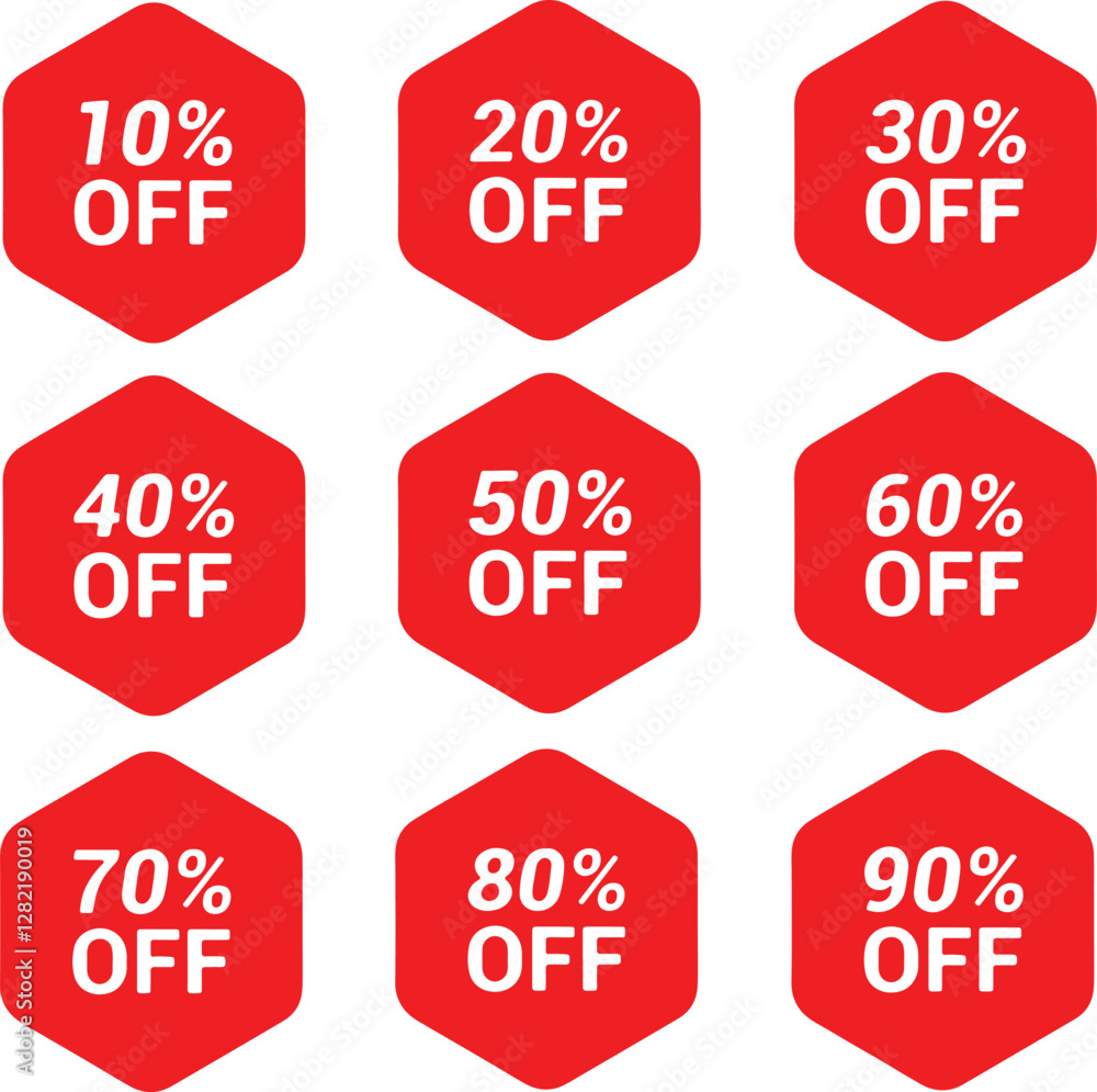 Icon set of sale promotion discount percent off price tag label sticker coupon button banner. Red vector illustration isolated on white or transparent background Icon set of sale promotion discount percent off price tag label sticker coupon button banner. Red vector illustration isolated on white or transparent background