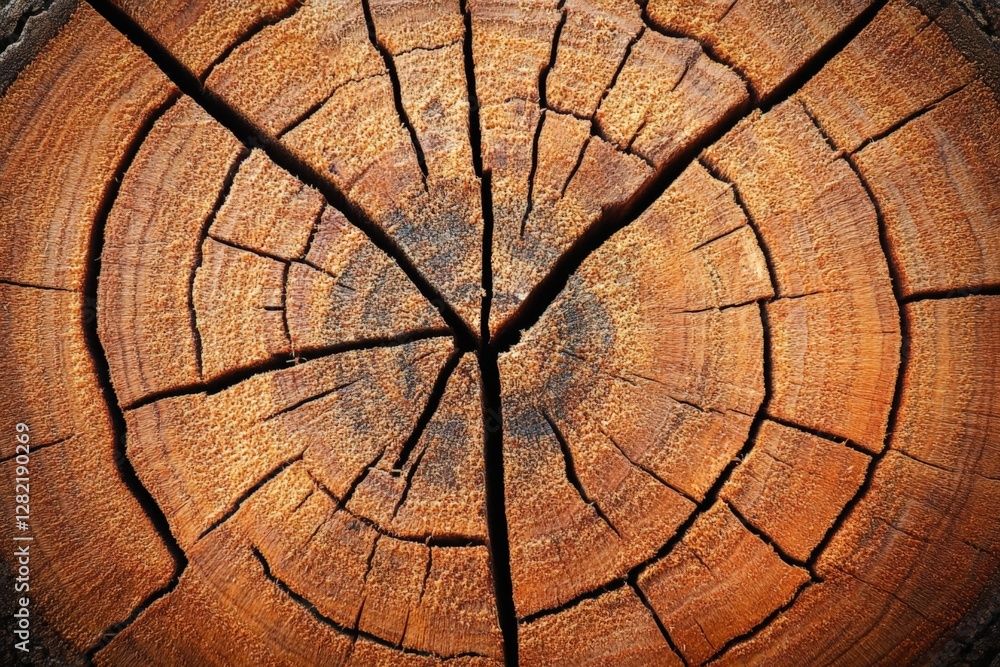Obraz premium Close-up view of a cracked wooden surface revealing detailed texture and rich colors in natural light