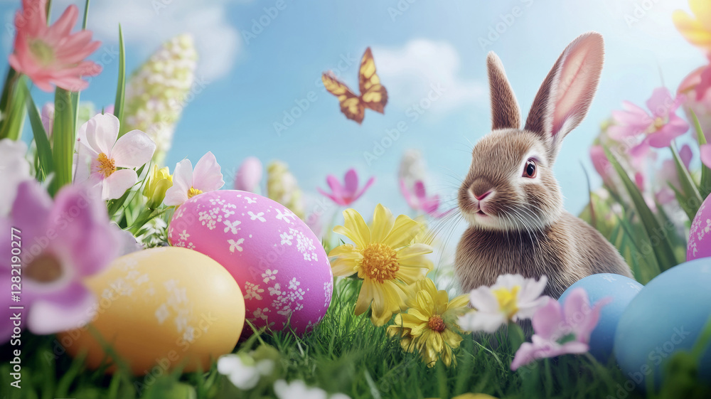 Obraz premium Cute Easter Bunny with Colorful Eggs and Spring Flowers in a Sunny Meadow