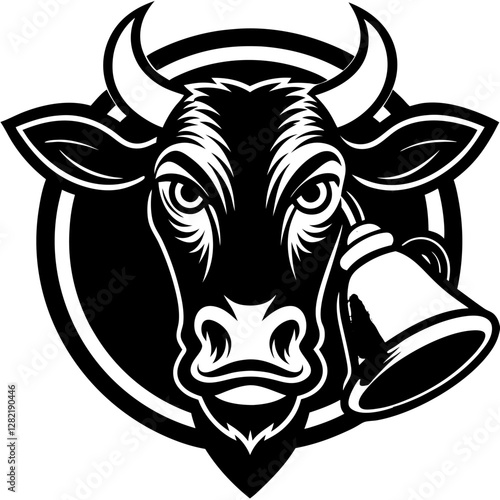 Brown Cow with Bell - Vector Illustration, Clipart & Line Art on White Background, Brown cow with a bell vector illustration, perfect for clipart, cartoons, and line art designs.