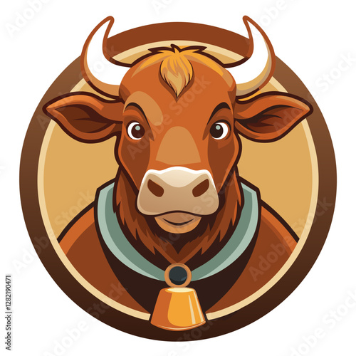 Brown Cow with Bell - Vector Illustration, Clipart & Line Art on White Background, Brown cow with a bell vector illustration, perfect for clipart, cartoons, and line art designs.