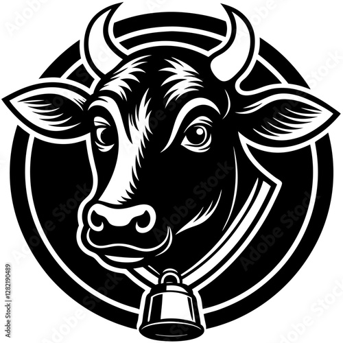 Brown Cow with Bell - Vector Illustration, Clipart & Line Art on White Background, Brown cow with a bell vector illustration, perfect for clipart, cartoons, and line art designs.