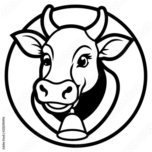 Brown Cow with Bell - Vector Illustration, Clipart & Line Art on White Background, Brown cow with a bell vector illustration, perfect for clipart, cartoons, and line art designs.