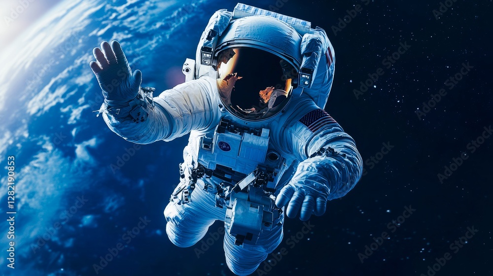 Fototapeta premium An astronaut in space, hand raised and waving to the camera with the Earth planet behind him. 