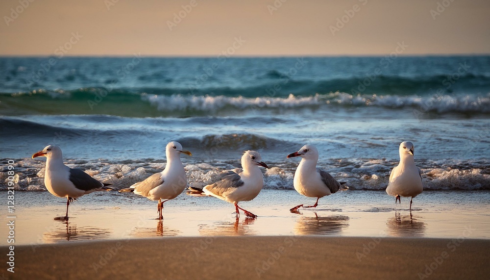 Fototapeta premium four seagulls walking on the beach