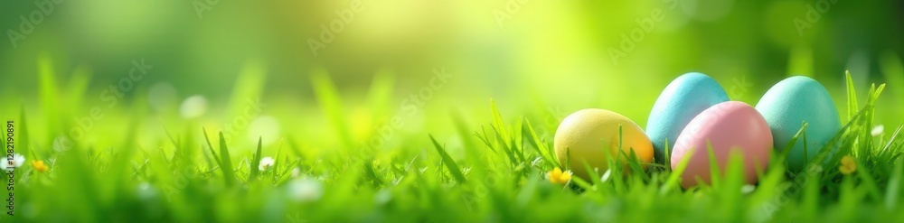 Green meadow, pastel Easter eggs nestled in tall grass , spring, meadow Green meadow, pastel Easter eggs nestled in tall grass , spring, meadow