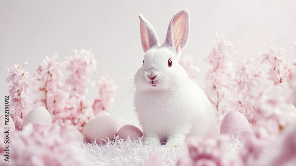 Obraz premium Elegant White Bunny in a Pastel Pink Easter Wonderland