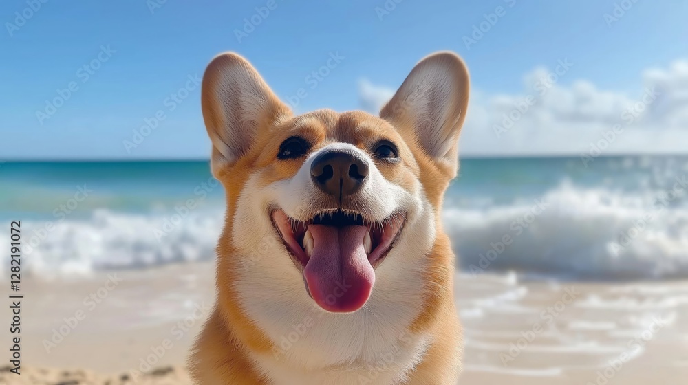 happy Corgi, smiling widely with its tongue out, standing on a sandy beach with waves crashing in the background under a clear blue sky happy Corgi, smiling widely with its tongue out, standing on a sandy beach with waves crashing in the background under a clear blue sky
