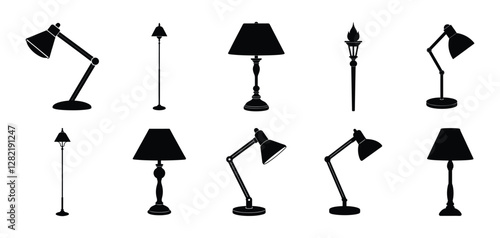 Lamp black silhouettes on white background. Lighting home accessories, decorative modern floor wall lamps 