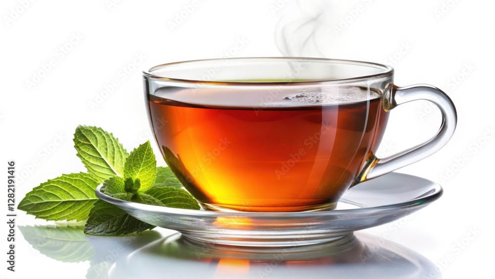 Hot Tea in Glass Cup with Mint Leaves Hot Tea in Glass Cup with Mint Leaves