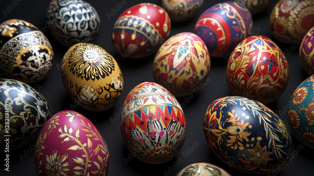 Ornate Painted Easter Eggs on a Dark Background Ornate Painted Easter Eggs on a Dark Background