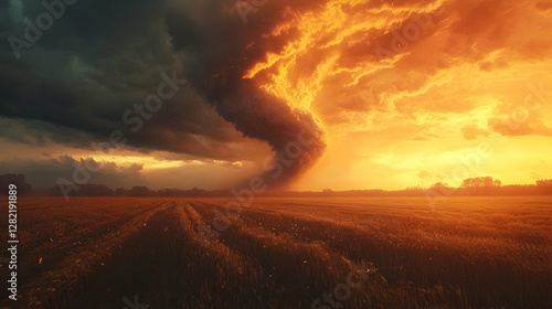 Immense supercell thunderstorm forming a large tornado over rural fields at sunset. Generative AI