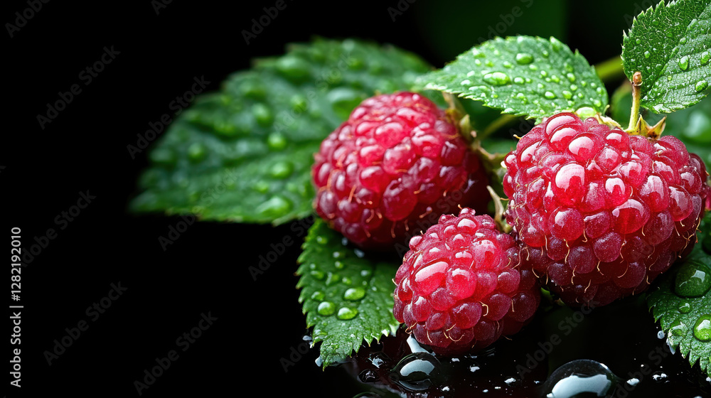 Fresh Raspberries with Dew Drops on Green Leaves in Dark Background