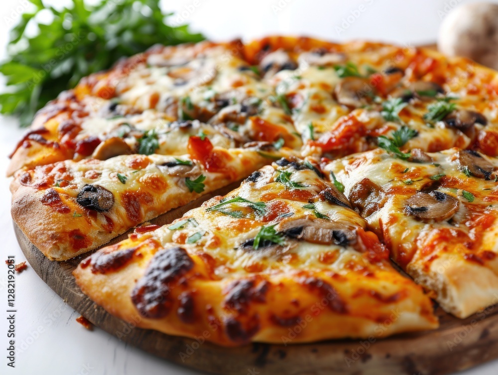Pizza. Pizza with Mushrooms, Classic Italian-Style Pizza with Tomato Sauce, Mozzarella Cheese, and Fresh Mushrooms, Delicious Pizza with Mushrooms Isolated on White on a Background with Copy Space Pizza. Pizza with Mushrooms, Classic Italian-Style Pizza with Tomato Sauce, Mozzarella Cheese, and Fresh Mushrooms, Delicious Pizza with Mushrooms Isolated on White on a Background with Copy Space