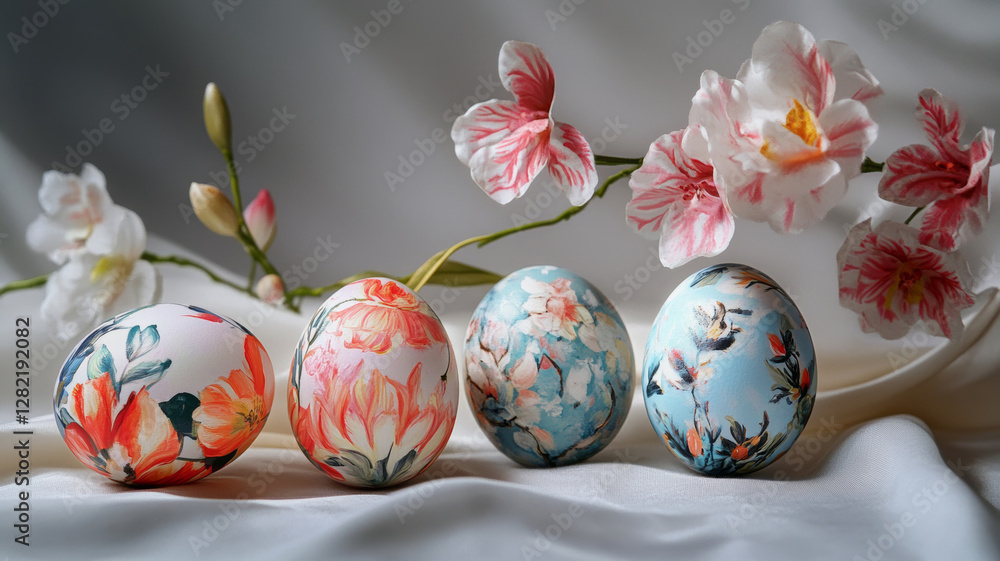 Fototapeta premium Hand-Painted Easter Eggs with Floral Designs on Elegant Fabric Background