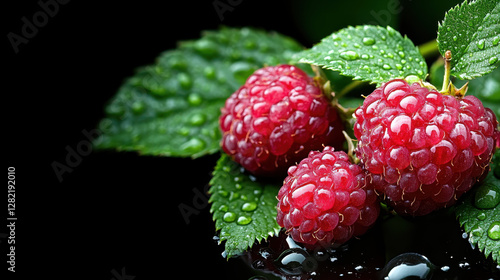 Obraz na płótnie Fresh Raspberries with Dew Drops on Green Leaves in Dark Background w salonie