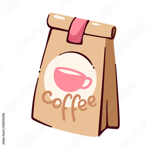Paper cartoon closed bag with Coffee text and pink cup on label. Funny brown takeaway craft package, disposable pouch. Delivery, storage packet mascot, cartoon cute bag for product vector illustration