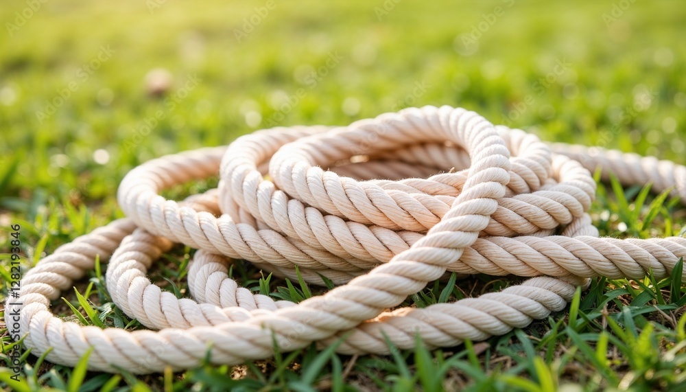 Fototapeta premium coiled natural fiber rope lying on green grass in sunlight symbolizing strength, outdoor activities, and survival preparedness