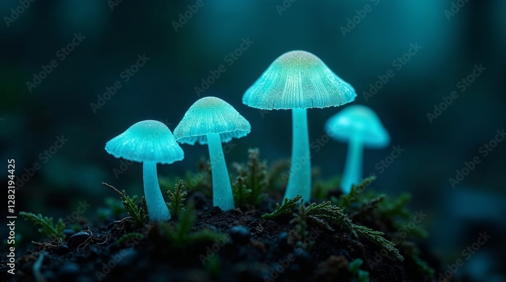 Exotic bioluminescent mushrooms glowing in the dark with a mystical atmosphere Exotic bioluminescent mushrooms glowing in the dark with a mystical atmosphere