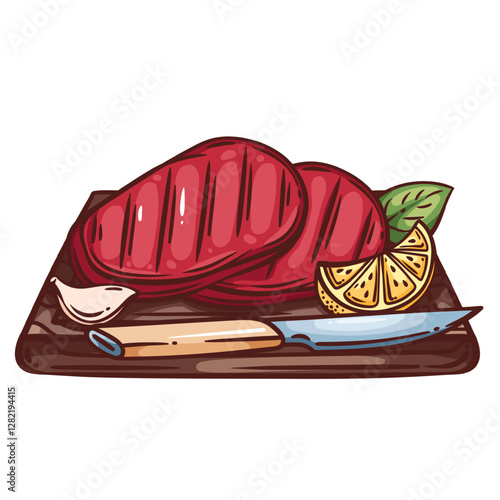 Beef steak two slices on wooden board with knife. Outline hand drawn color sketch of beefsteak with grill strips, lemon and garlic. BBQ menu mascot, steak for eating icon vector illustration