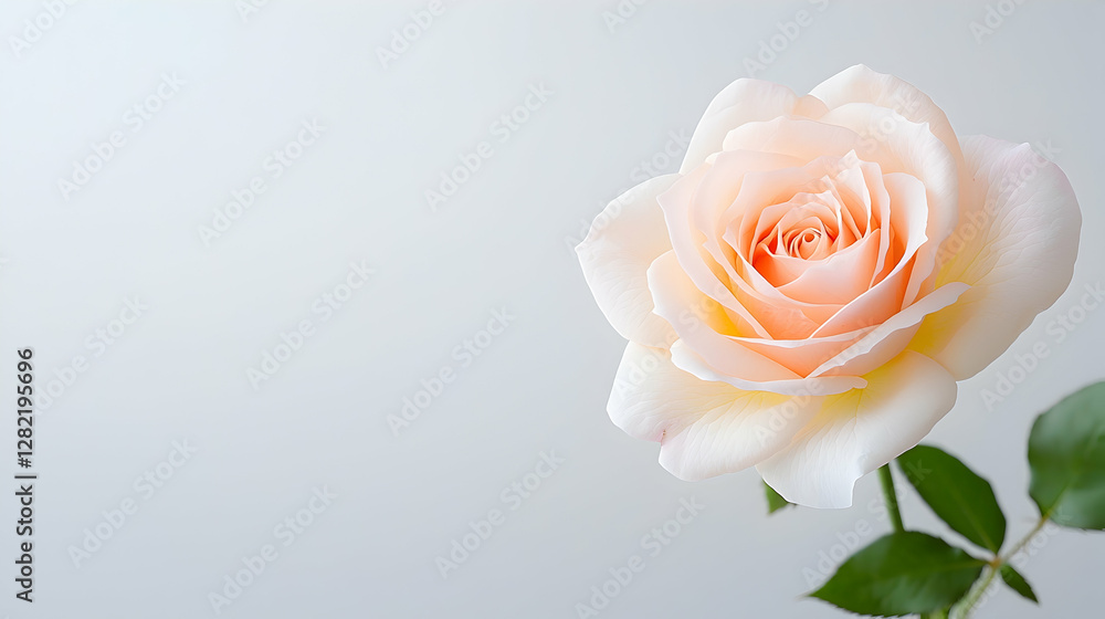 Fototapeta premium Single blooming pale pink rose with green leaves against a clean light gray background with copy space.