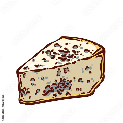 Blue Cheese triangle slice line icon. Outline hand drawn smelly Roquefort or Gorgonzola, Stilton cheese piece. Delicatessen French menu mascot, gourmet snack with odor icon vector illustration