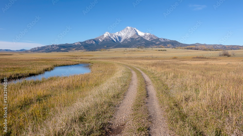 Scenic mountain road, autumn landscape, peaceful valley, travel backdrop Scenic mountain road, autumn landscape, peaceful valley, travel backdrop