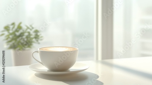 Wallpaper Mural freshly brewed cup of coffee, placed on a sleek white saucer, with steam rising from the cup, set against a blurred cafe background to highlight the warmth and inviting aroma Torontodigital.ca