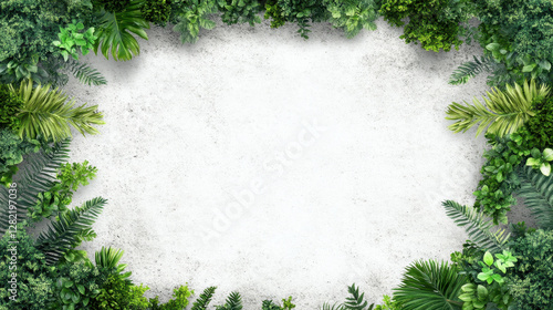 Lush Green Foliage Frame on Textured White Background